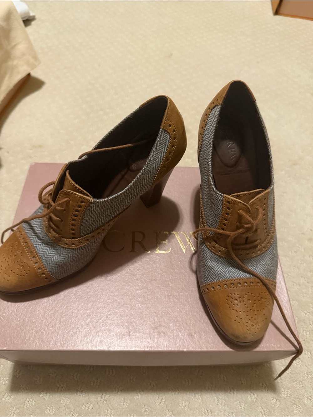 J. Crew Tan Leather and Gray Herringbone Lace-Up Heels
